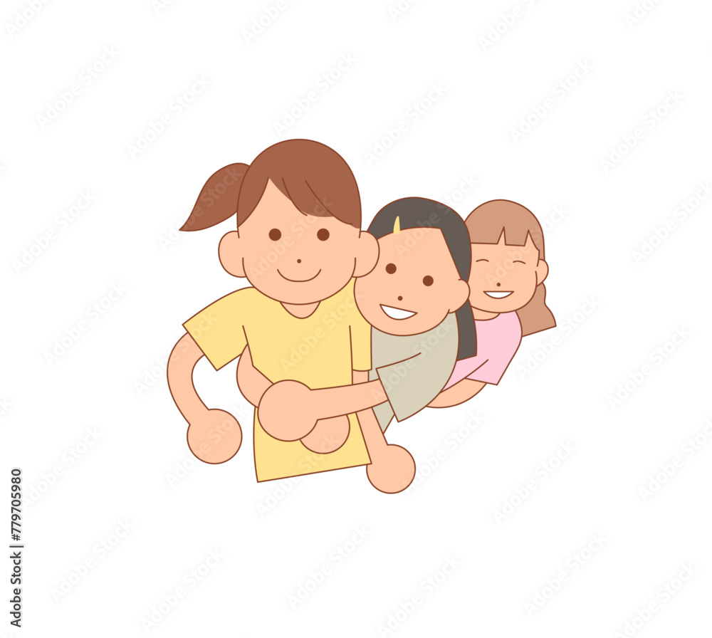girls are staring at front with smile on their faces. cartoon style hand drawn illustration. girls are staring at front with smile on their faces. cartoon style hand drawn illustration.