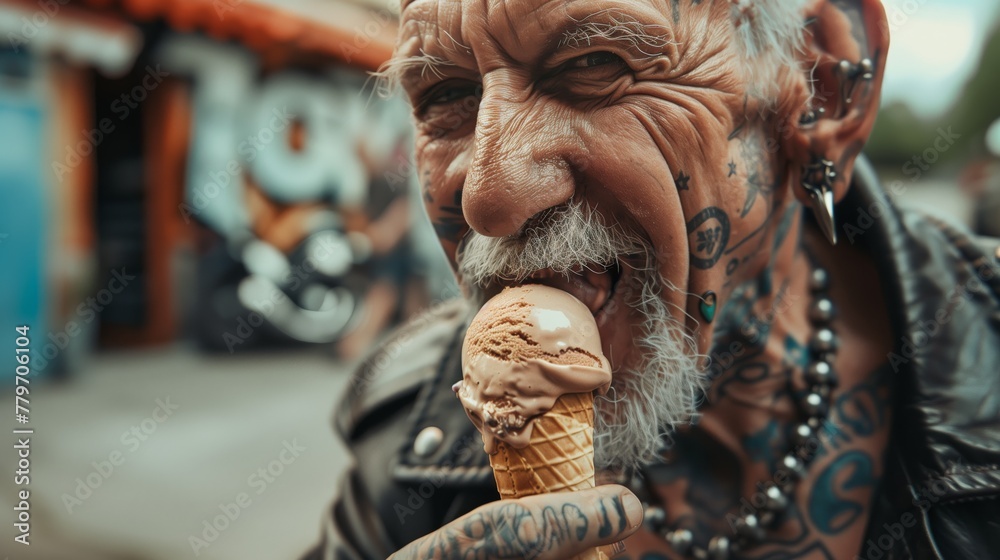 A tattooed elderly man with piercings enjoying an ice cream cone. A tattooed elderly man with piercings enjoying an ice cream cone.