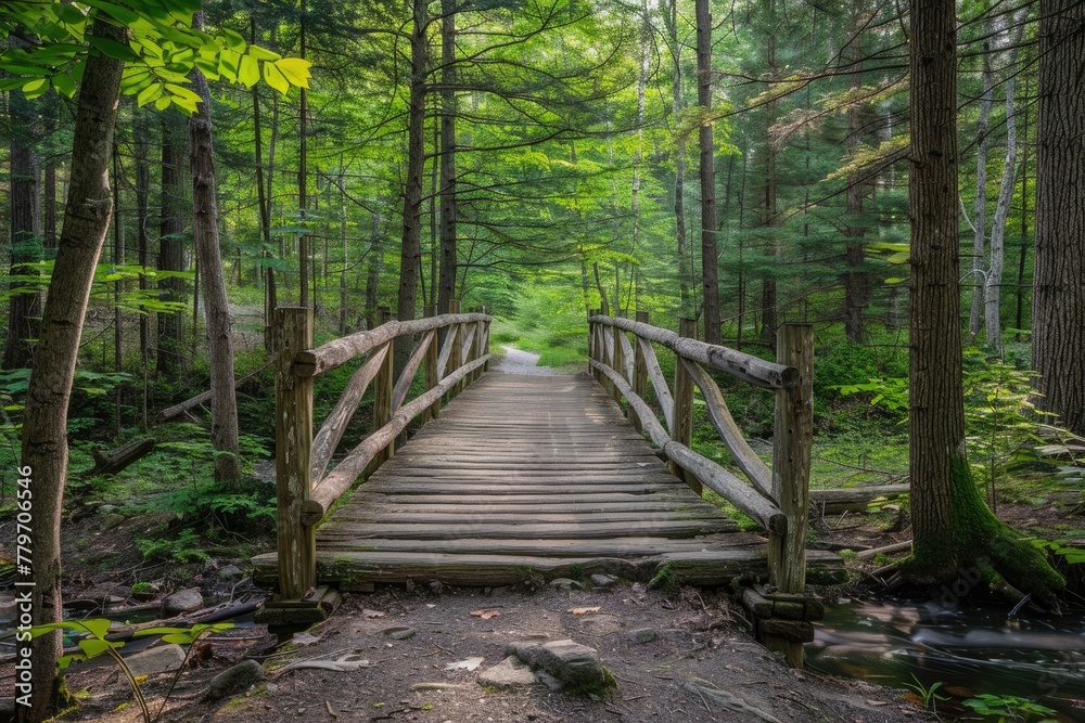 wooden bridge in green woods wooden bridge in green woods