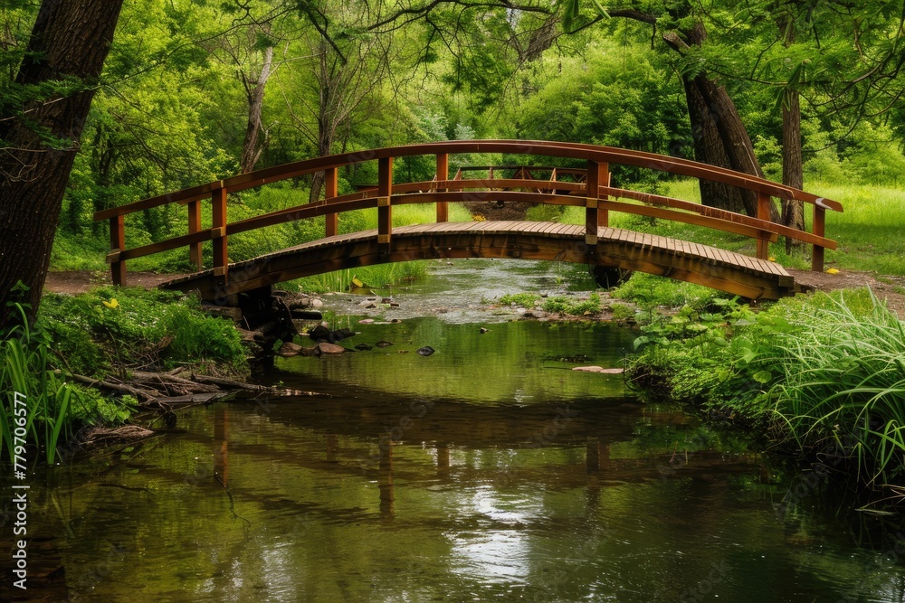 wooden bridge over a river in green woods