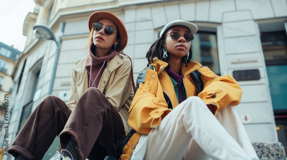 Fototapeta premium Two fashionable individuals sitting outdoors with a stylish urban vibe.