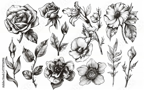 Hand drawn floral elements with sketchy style