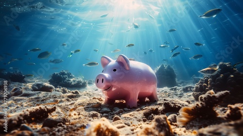 A whimsical image of a piggy bank underwater surrounded by fish and coral reefs.
