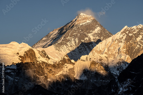 Sunset over Mt Everest in the Khumbu region of the Himalayas in Nepal. Shot from the summit of Gokyo peak