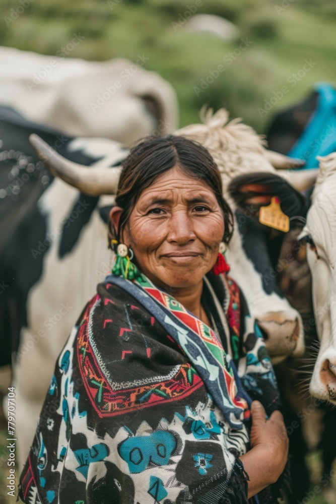 Portrait of an indigenous woman rancher taking care of her cows