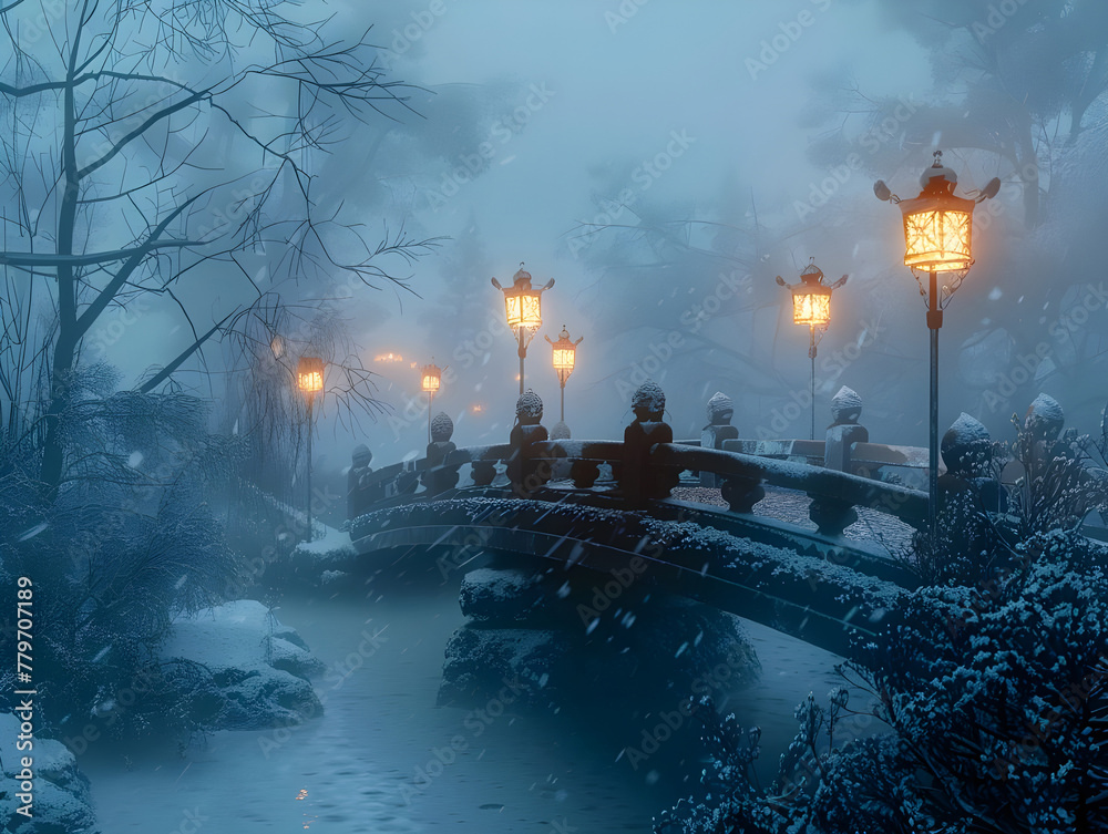 Softly glowing lanterns lead across icy bridge - Ai Generated