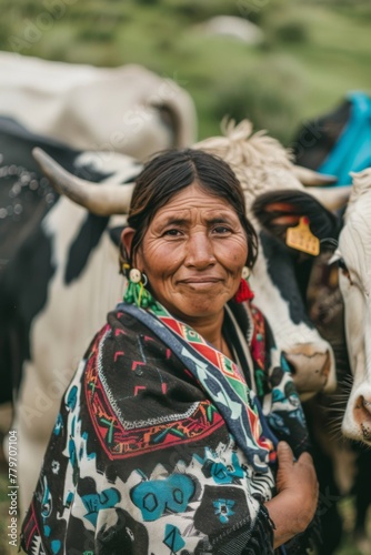 Portrait of an indigenous woman rancher taking care of her cows