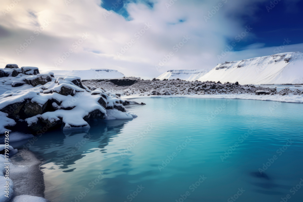 A serene snowy landscape with a vibrant blue lake, surrounded by snow-covered rocks and mountains under a cloudy sky