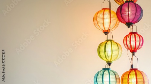 Colorful lanterns hanging at the top. Clear space at the bottom for text.