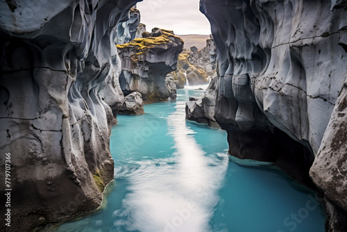 a serene turquoise river flowing through a dramatic, sculpted rocky canyon, showcasing nature's artwork over millennia photo