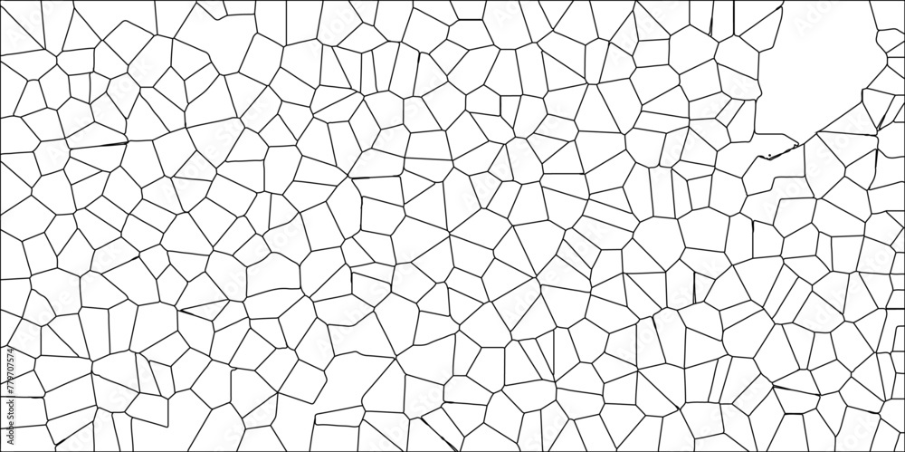 Abstract White Colored Broken Stained-Glass Geometric Retro Tiles Pattern w Black Lines & Quartz Crystal Voronoi Diagram Background for Website, Fabric Printing, Brochures, Luxury/Premium Packaging

