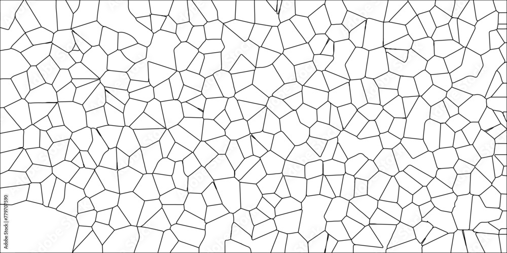 Abstract White Colored Broken Stained-Glass Geometric Retro Tiles Pattern w Black Lines & Quartz Crystal Voronoi Diagram Background for Website, Fabric Printing, Brochures, Luxury/Premium Packaging

