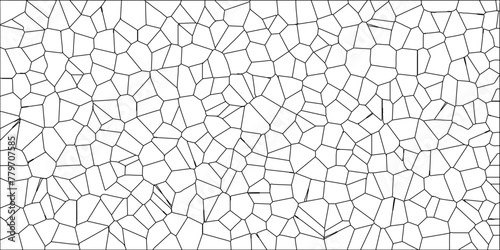 Abstract White Colored Broken Stained-Glass Geometric Retro Tiles Pattern w Black Lines & Quartz Crystal Voronoi Diagram Background for Website, Fabric Printing, Brochures, Luxury/Premium Packaging