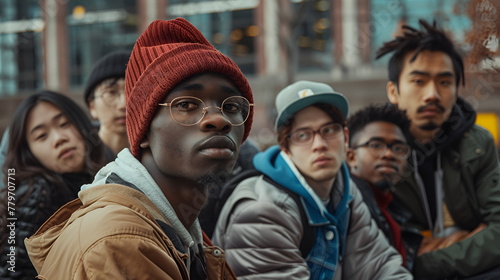 Photograph of diverse ethnicity group of young men and women walking on the street . Model photography.
