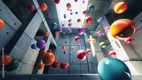 Colorful balloons floating inside a concrete building with a sunlit opening.
