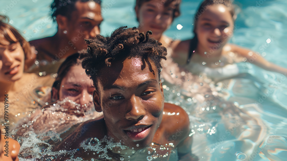 Photograph of diverse ethnicity group of young men and women in a pool . Model photography. Photograph of diverse ethnicity group of young men and women in a pool . Model photography.
