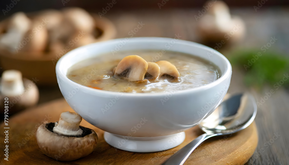 Bowl of Soup With Mushrooms on Cutting Board. Generative AI Bowl of Soup With Mushrooms on Cutting Board. Generative AI