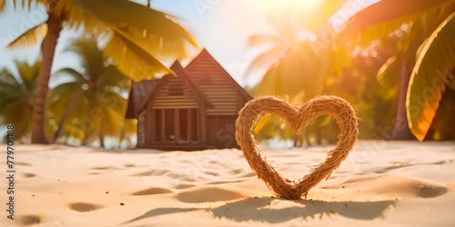 Heart painted on the beach sand under the shade of palm leaves with decorative wooden house. The concept of buying or renting real estate in exotic countries. 4K Video photo