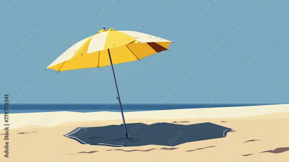 A colorful beach umbrella offers shade under a bright summer sky on a sandy beach with relaxing chairs