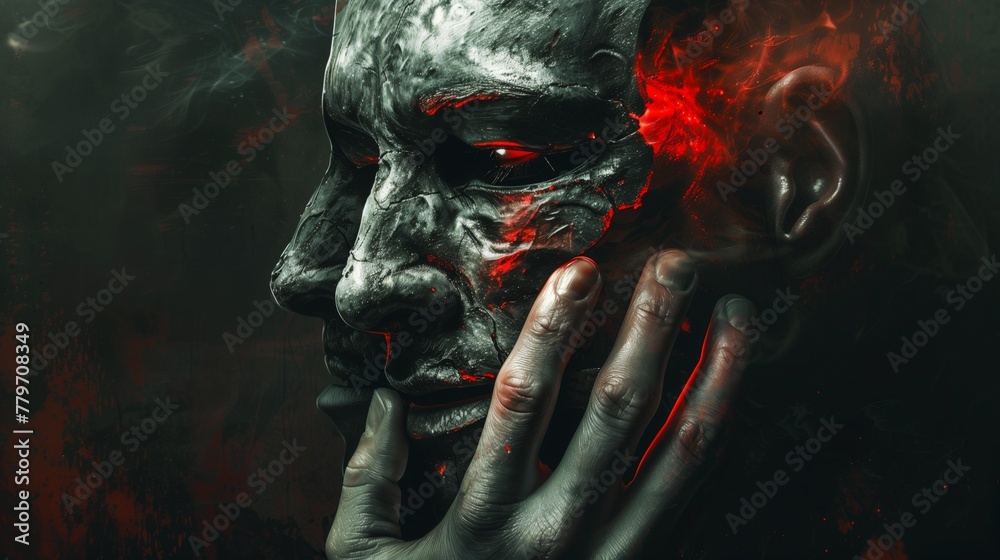 A dark, surreal artwork of a person with a cracked, glowing face being touched by a hand.