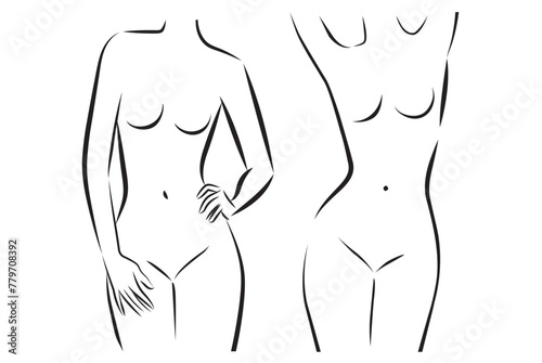 Woman body set of illustrations. Minimalist linear female beautiful girl portrait. Different posing figures. Abstract lingerie, bikini sensual. Modern fashion vector line art