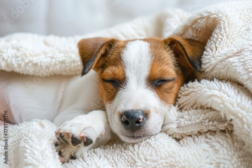 Sleeping Jack Russell terrier puppy after grooming web banner concept