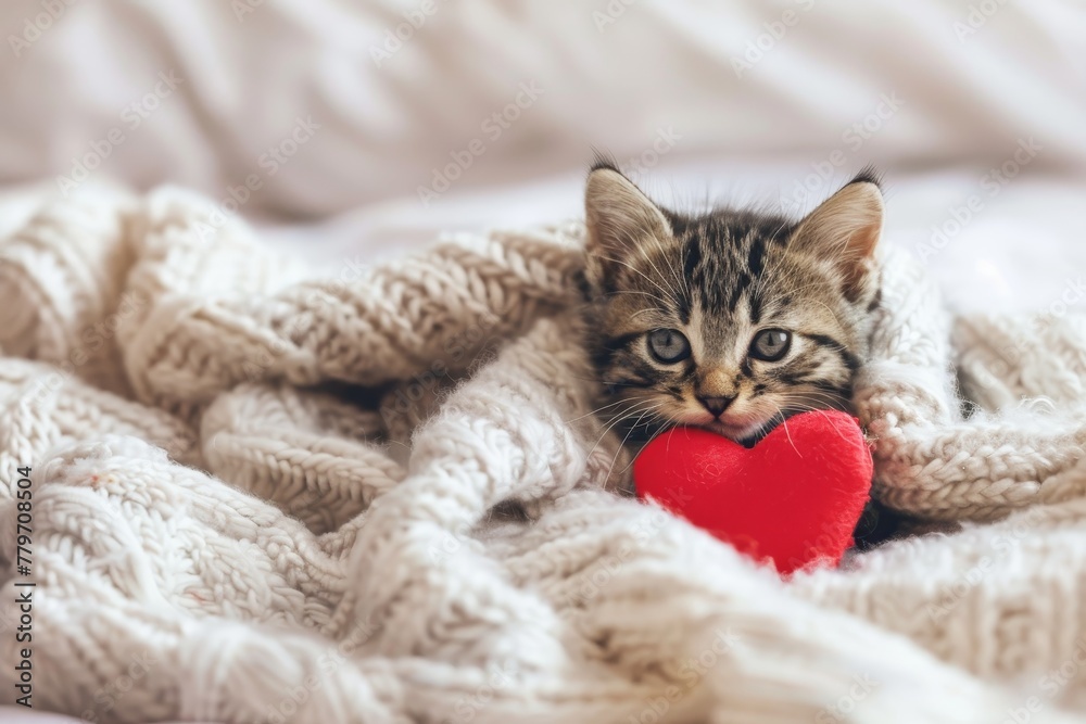Small adorable kitten cuddles red heart on bed with soft white blanket Valentine s Day theme Space for text