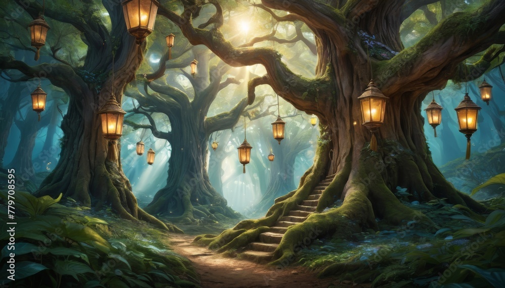 An ethereal forest path winds beneath ancient, towering trees adorned with hanging lanterns, casting a warm, inviting glow.. AI Generation