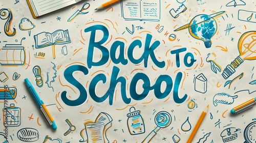 Colorful back to school themed illustration with educational doodles.
