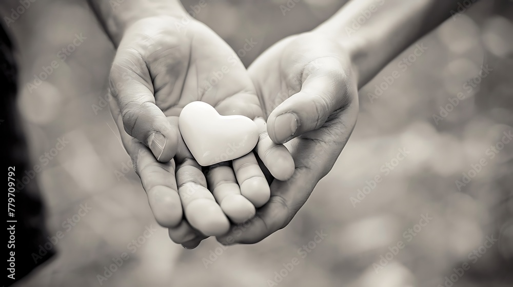 Black and white photo hand holding heart, symbolize of love