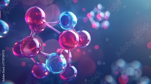 Stylized colorful molecular structure with a glossy transparent look on a blue background
