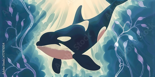 Art painting of an orca swimming in the water.  illustration for poster, wallpaper, art print