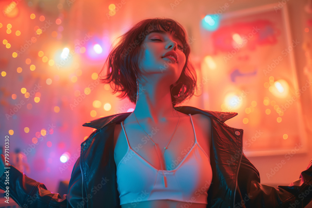 Happy carefree young woman dancing alone having fun at the party, listening to good music, energetic girl moving jumping in modern club interior neon lighting, freedom lifestyle. Selective focus Happy carefree young woman dancing alone having fun at the party, listening to good music, energetic girl moving jumping in modern club interior neon lighting, freedom lifestyle. Selective focus