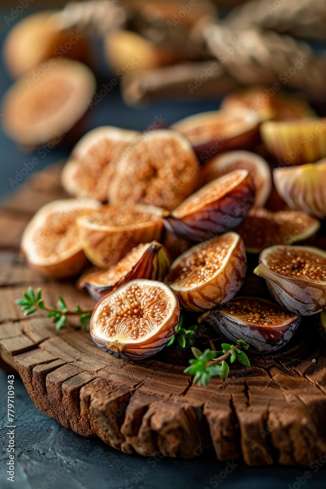 Food Photography, Dried figs artfully arranged on wooden platter.