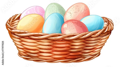 Woven Basket Filled with Colorful Speckled Eggs for Easter Holiday