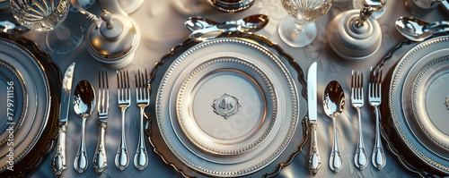 Elegant French silverware, classic and refined, reminiscent of grand chateaus Displayed on a lavish dining table in a luxurious Parisian restaurant photo