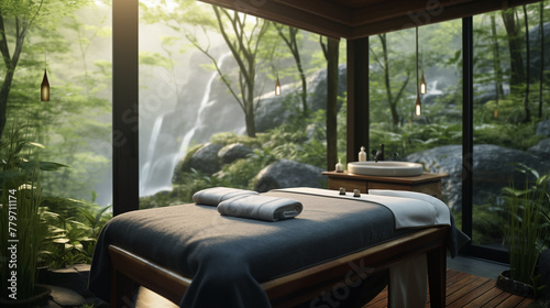 Salon de massage dans un endroit calme, exotique. Lumière tamisée, bougie, nature. Spa, bien-être, relaxation, détente. Pour conception et création graphique. © FlyStun