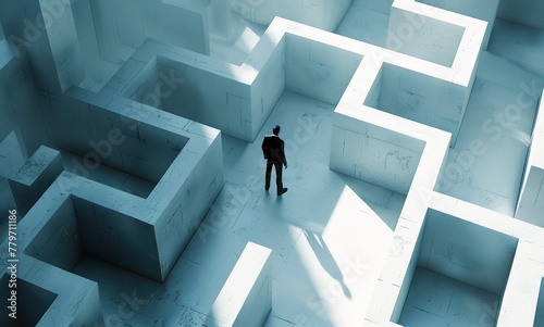 Un homme au centre d'un labyrinthe blanc complexe, symbolisant des défis complexes et interconnectés pour les entreprises.