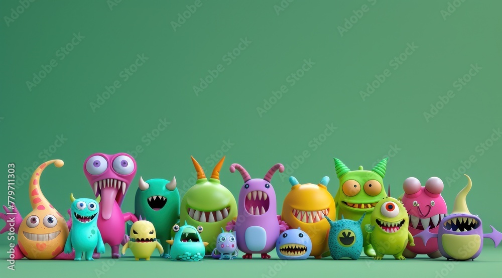 Un groupe de monstres mignons sur fond coloré, image avec espace pour texte. Un groupe de monstres mignons sur fond coloré, image avec espace pour texte.