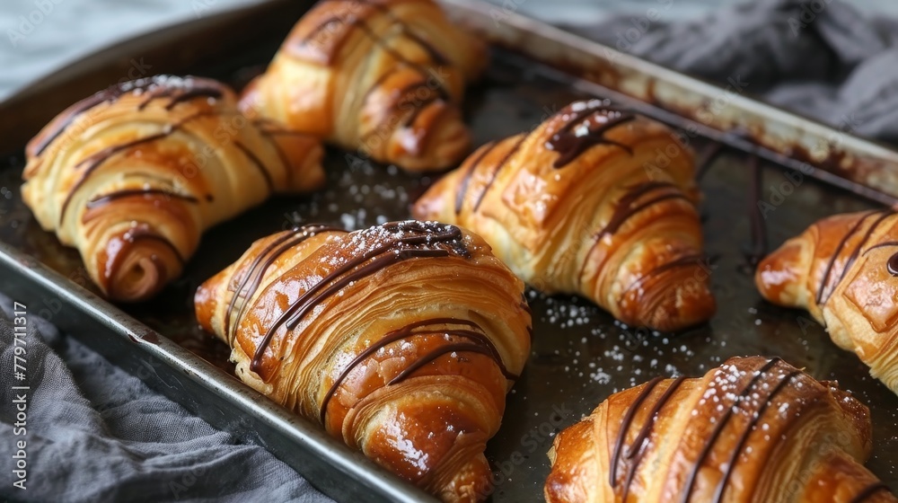 baked chocolate croissants on baking sheet, closeup, homemade baking baked chocolate croissants on baking sheet, closeup, homemade baking