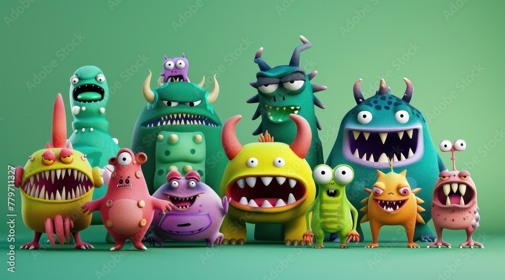 Fototapeta premium Un groupe de monstres mignons sur fond coloré.