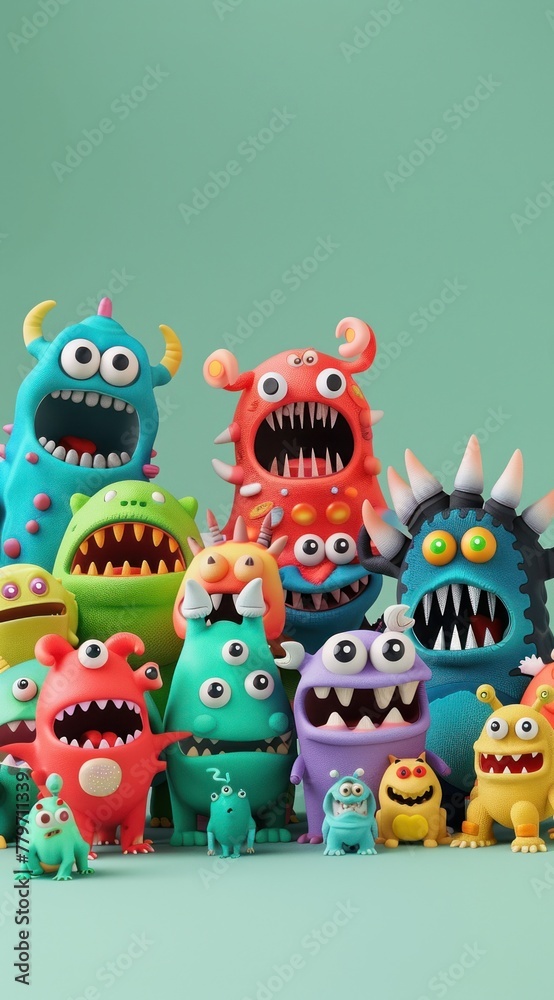 Naklejka premium Un groupe de monstres mignons sur fond coloré, image avec espace pour texte.