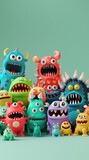 Un groupe de monstres mignons sur fond coloré, image avec espace pour texte.