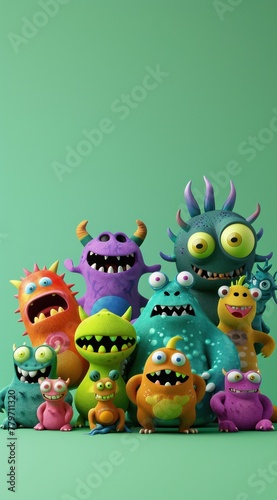 Un groupe de monstres mignons sur fond color    image avec espace pour texte.