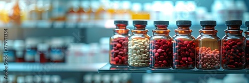 pills tablets medicine in glass bottles on a shelf in a pharmacy banner