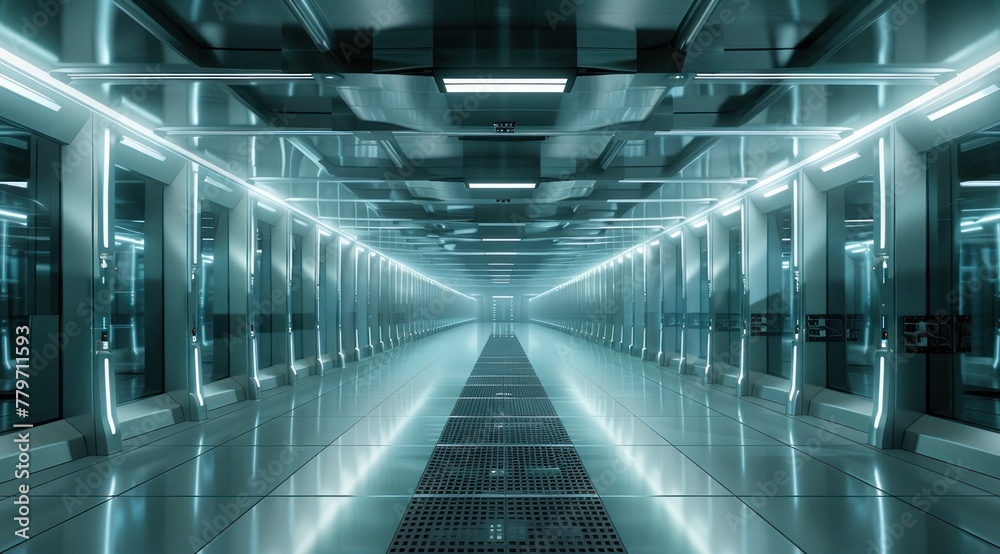 Salle de serveurs informatique, centre de données, data center dans un style d'imagerie futuriste lumineux, image avec espace pour texte.	