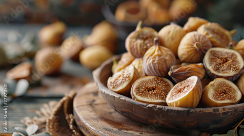 Food Photography, Dried figs artfully displayed on a wooden surface.