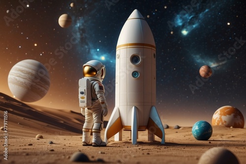 Mini astronaute sur planète lunaire, dessin animé, 3D
