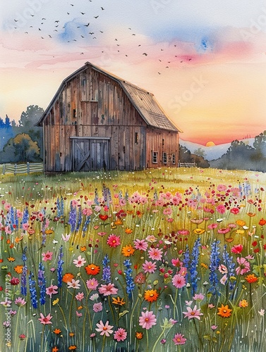 A watercolor painting of a rustic barn in a field of wildflowers at sunset © Expert Mind