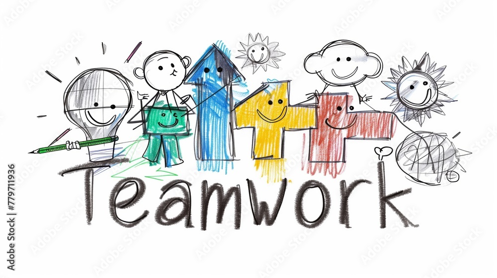 Childlike drawing of stick figures and the word 'Teamwork', symbolizing unity. - obrazy, fototapety, plakaty 